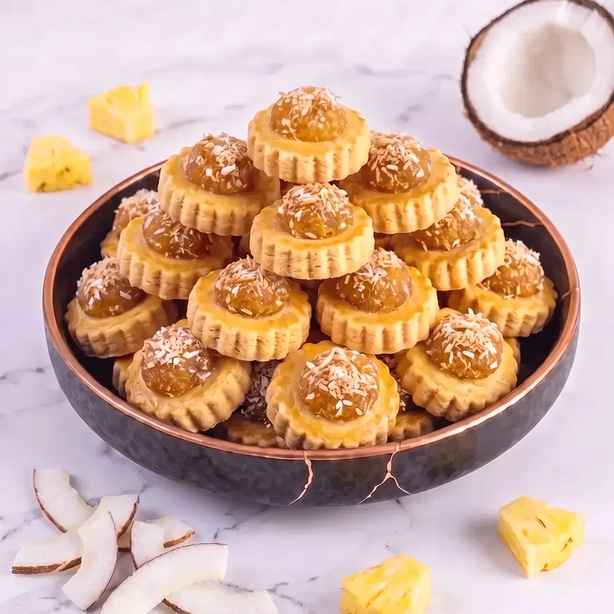 A stack of coconut pineapple tarts, presented in a dark bowl on a white marble surface. Slices of coconut and chunks of pineapple are arranged around it, with a halved coconut visible in the upper right.