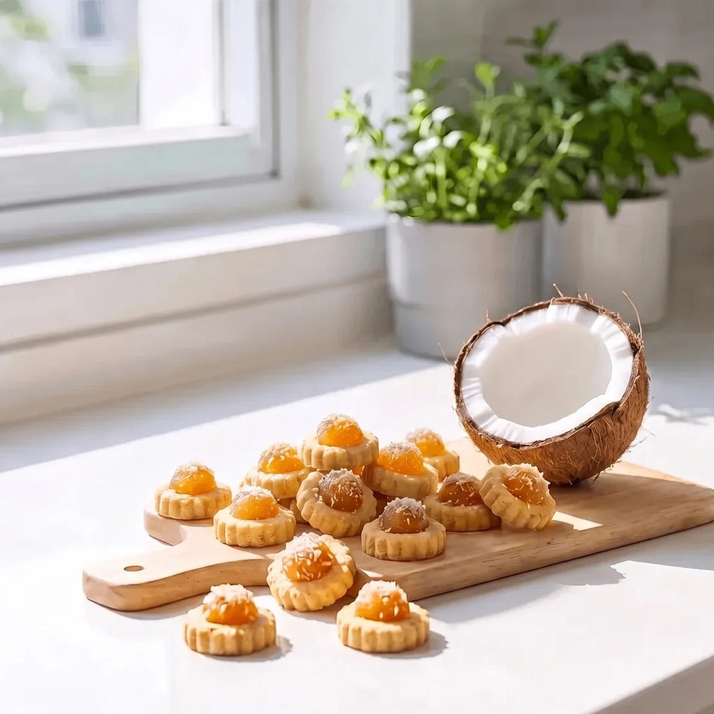 Coconut pineapple tarts, arranged on a wooden board next to a halved coconut on a bright kitchen counter near a window.