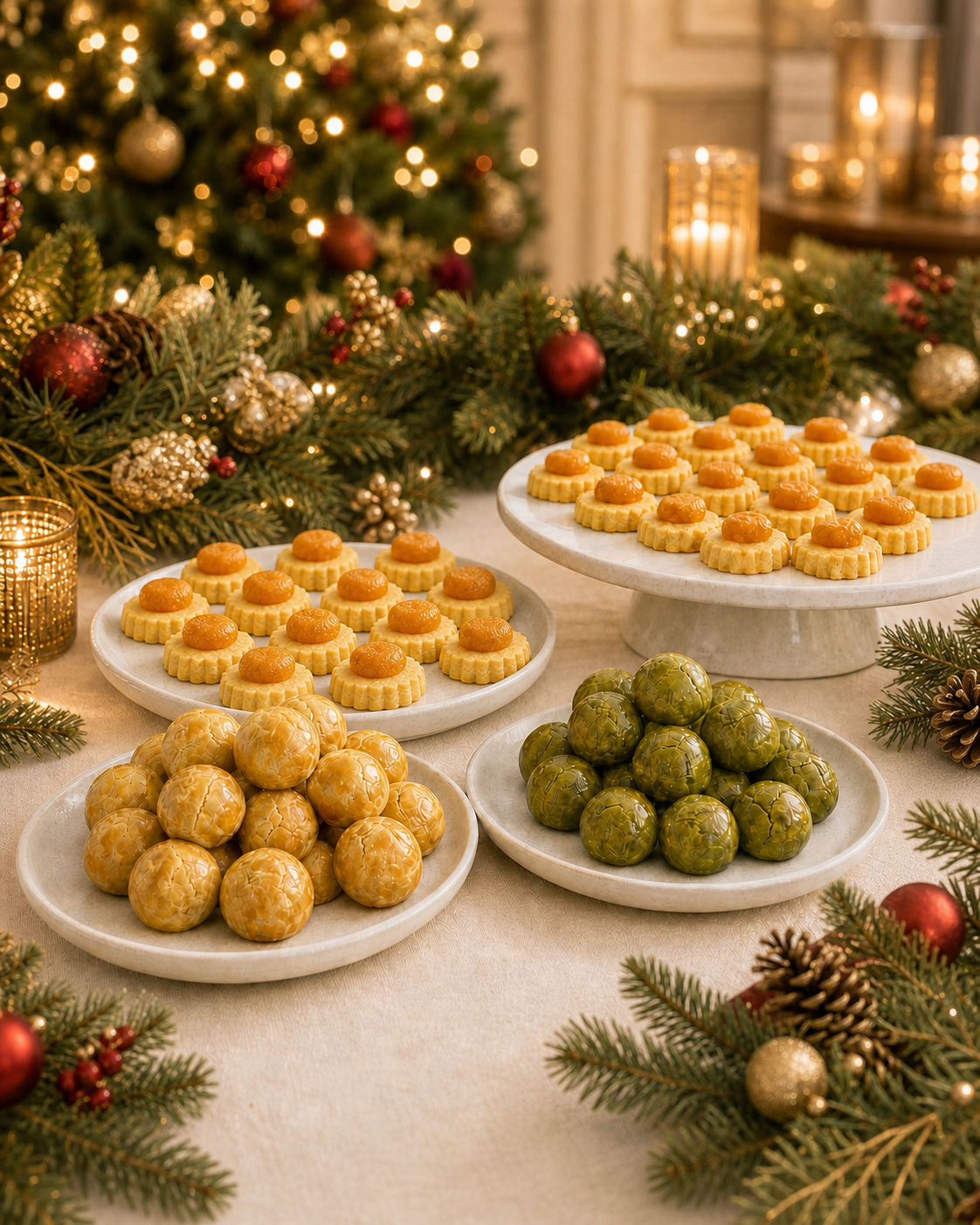 Plates of pineapple tarts neatly arrange on a festive table setting, in the background has Christmas tree.