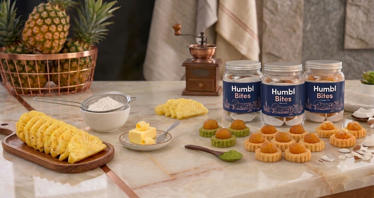 Three jars of Humbl Bites pineapple tarts arranged on a marble countertop with pineapple slices, butter, flour, and baking tools in a kitchen setting.