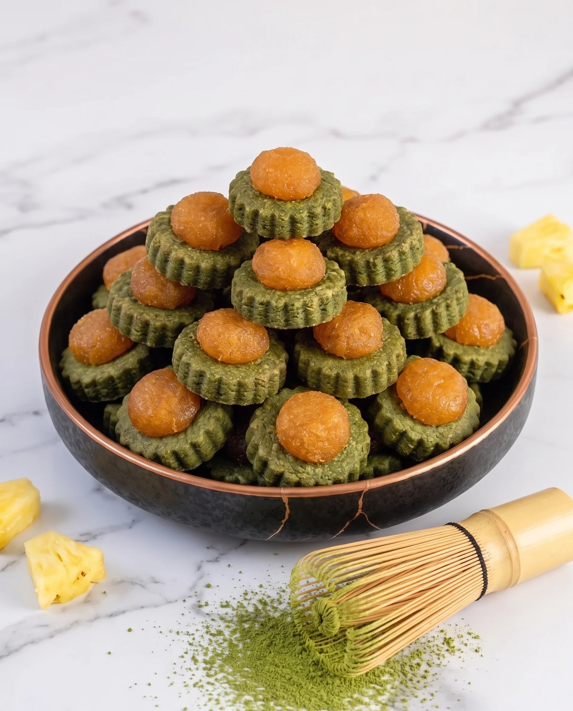 A stack of green matcha-flavored pineapple tarts, presented in a dark bowl on a white marble surface with a bamboo whisk and matcha powder, and pineapple slices in the background.