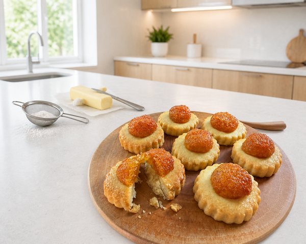 Pineapple tarts on a wooden plate, one of the tarts is cut down the middle showing its golden sticky jam